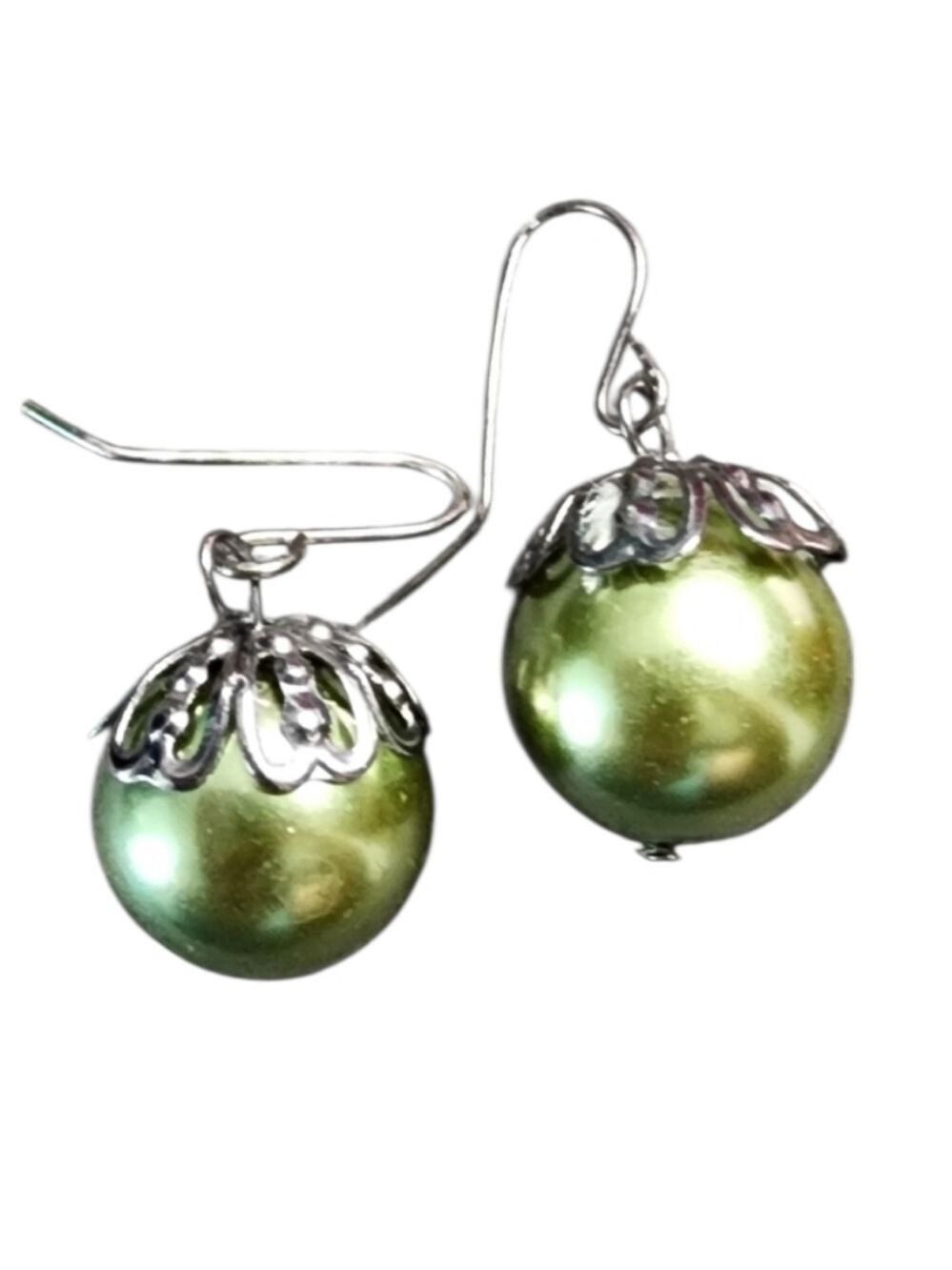 Green Silvertone Vintage Style Earrings